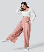High Waisted Pocket Wide Leg Waffle Work Plus Size Trousers — Rose Tan — view 6
