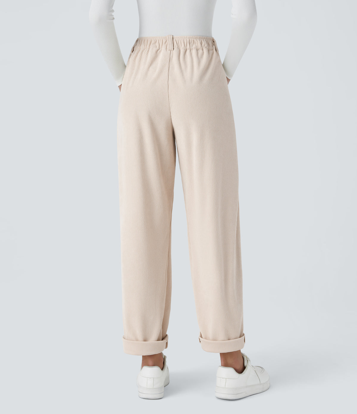 Mid Rise Button Zipper Side Pocket Corduroy Casual Pants — White — view 2