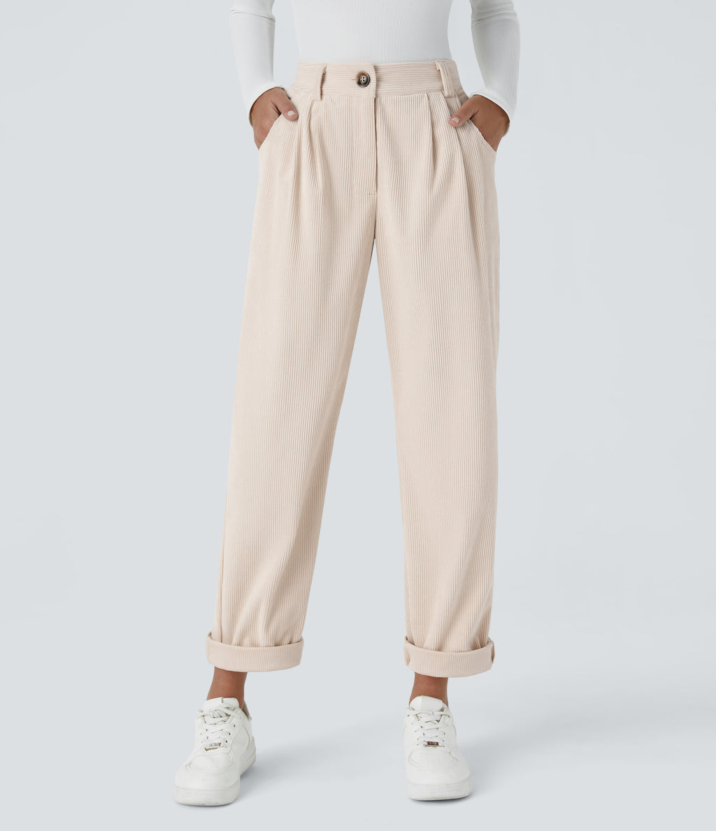 Mid Rise Button Zipper Side Pocket Corduroy Casual Pants — White — view 1