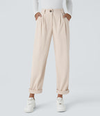 Mid Rise Button Zipper Side Pocket Corduroy Casual Pants — White — view 1