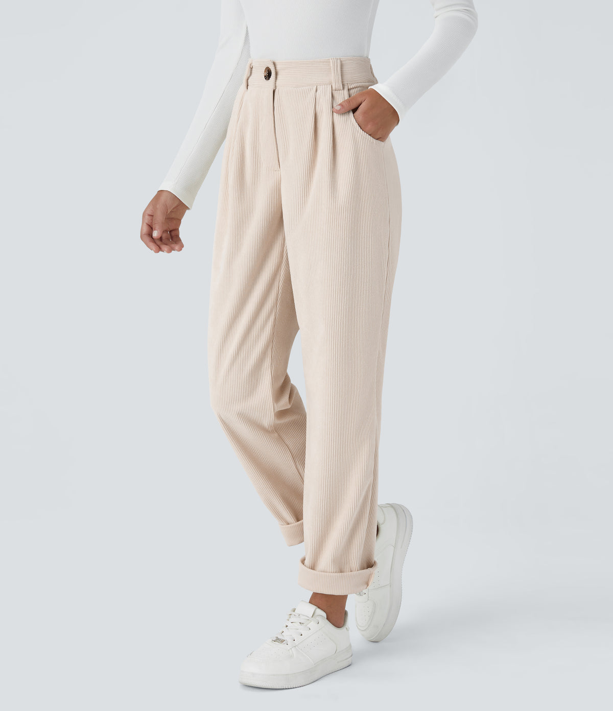 Mid Rise Button Zipper Side Pocket Corduroy Casual Pants — White — view 3