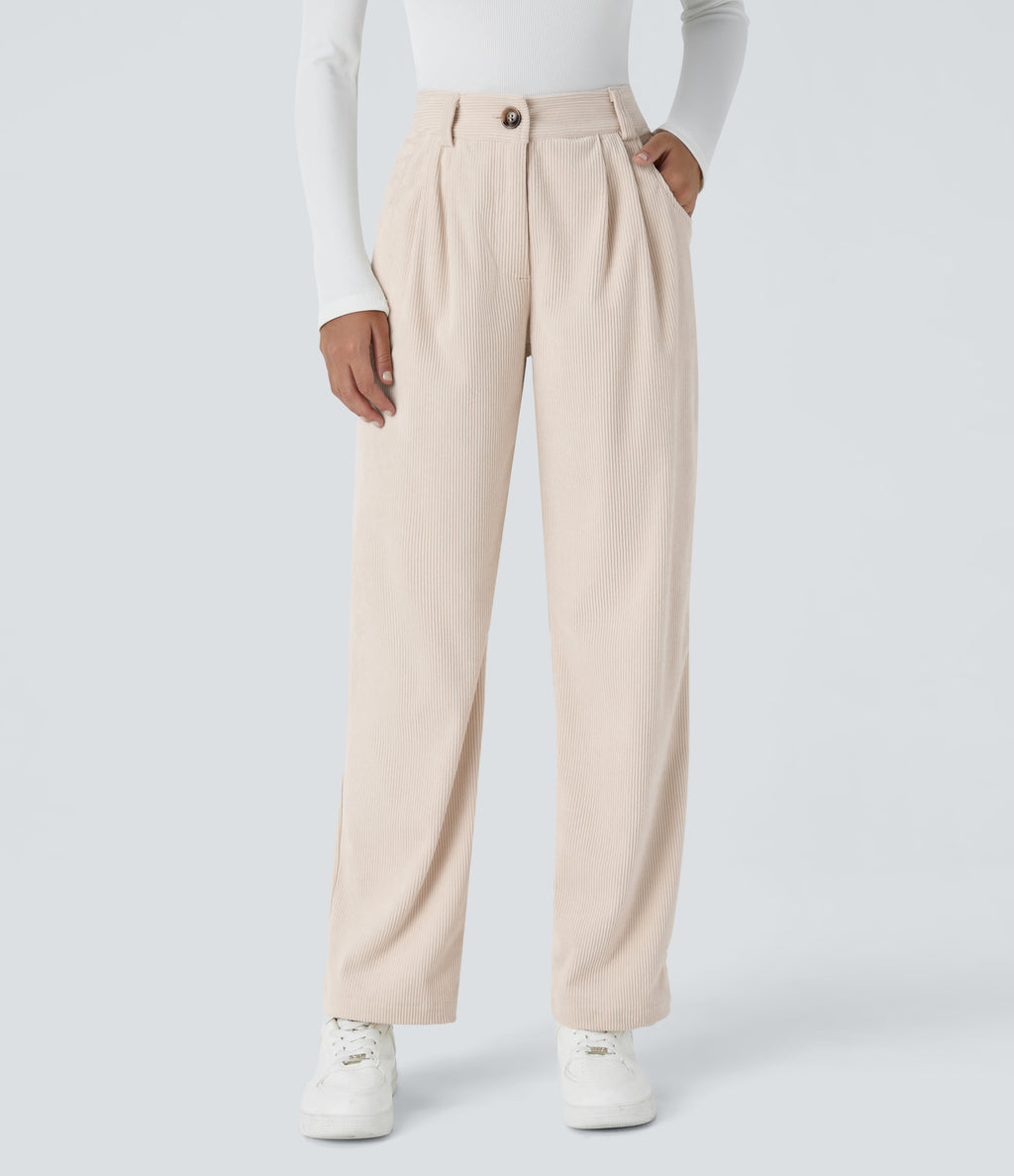 Mid Rise Button Zipper Side Pocket Corduroy Casual Pants — White — view 4