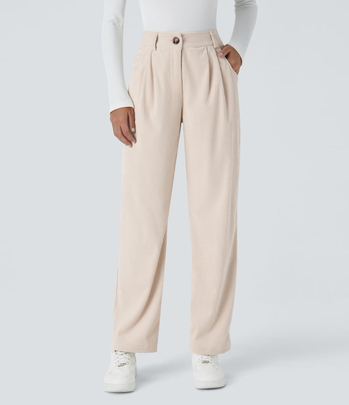 Mid Rise Button Zipper Side Pocket Corduroy Casual Pants — White — view 4