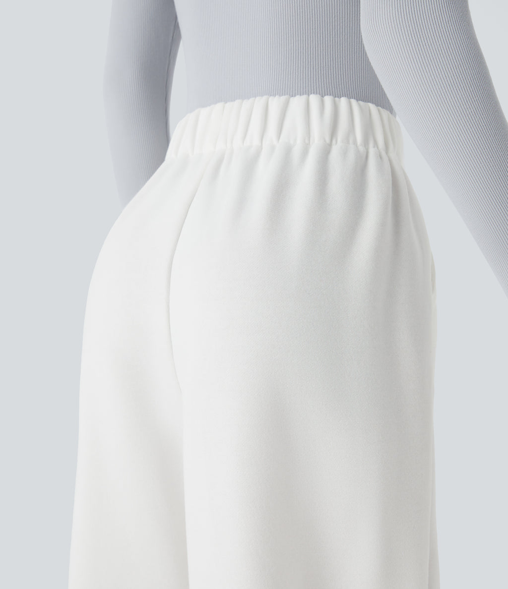 High Waisted Side Pocket Wide Leg Fleece Casual Trousers — White — view 5