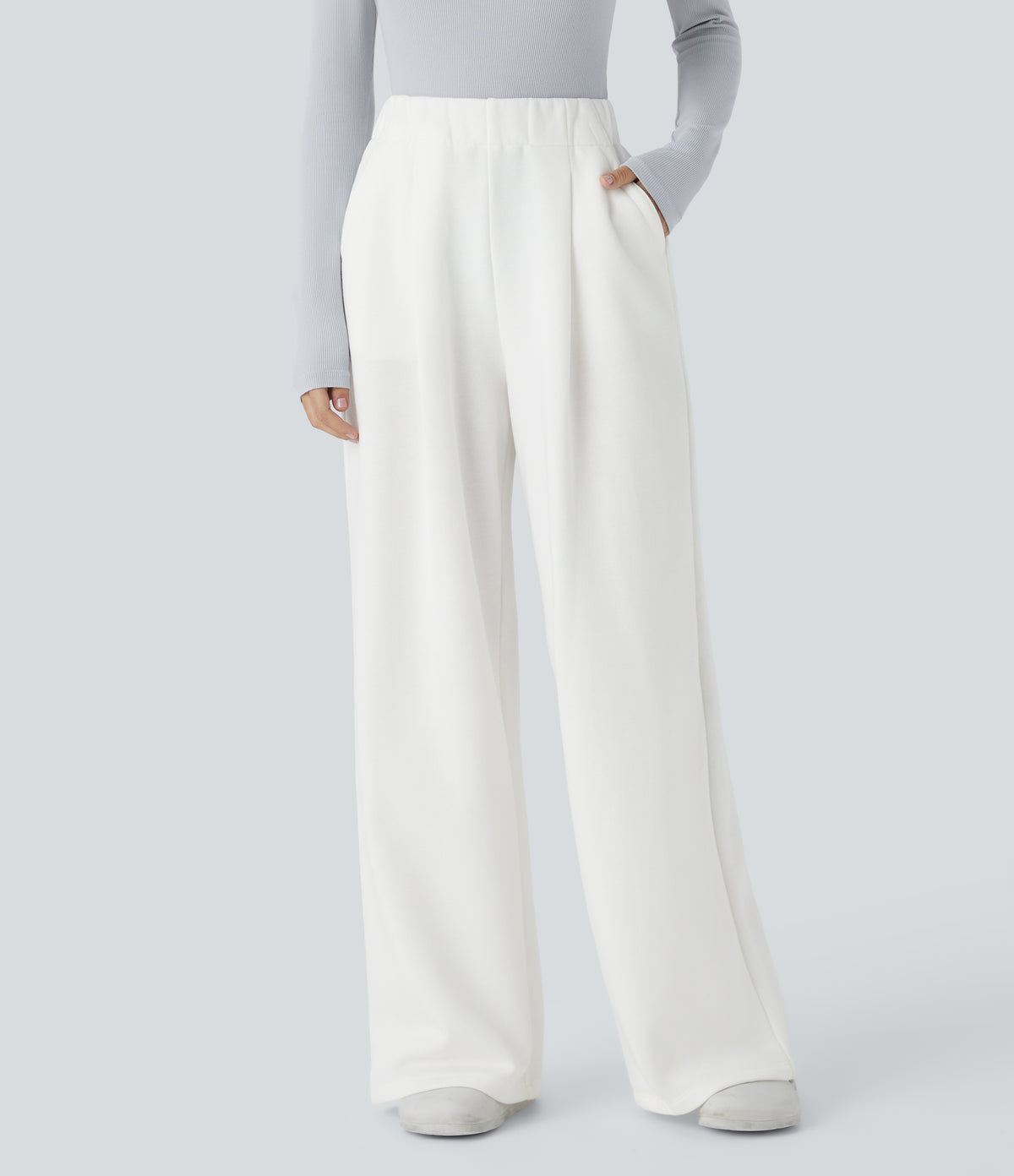 High Waisted Side Pocket Wide Leg Fleece Casual Trousers — White — view 3