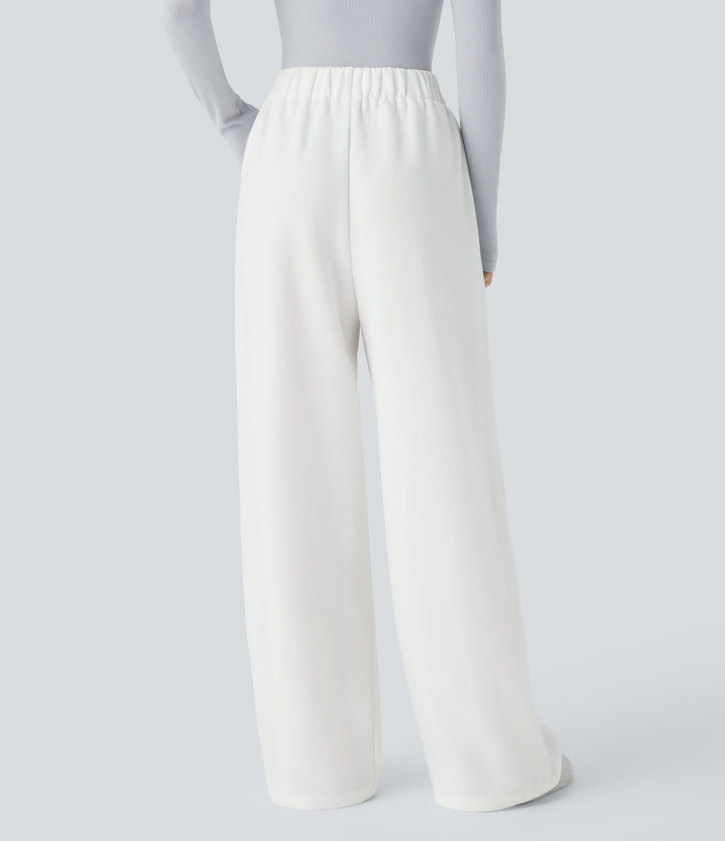 High Waisted Side Pocket Wide Leg Fleece Casual Trousers — White — view 2