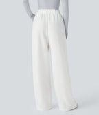 High Waisted Side Pocket Wide Leg Fleece Casual Trousers — White — view 2