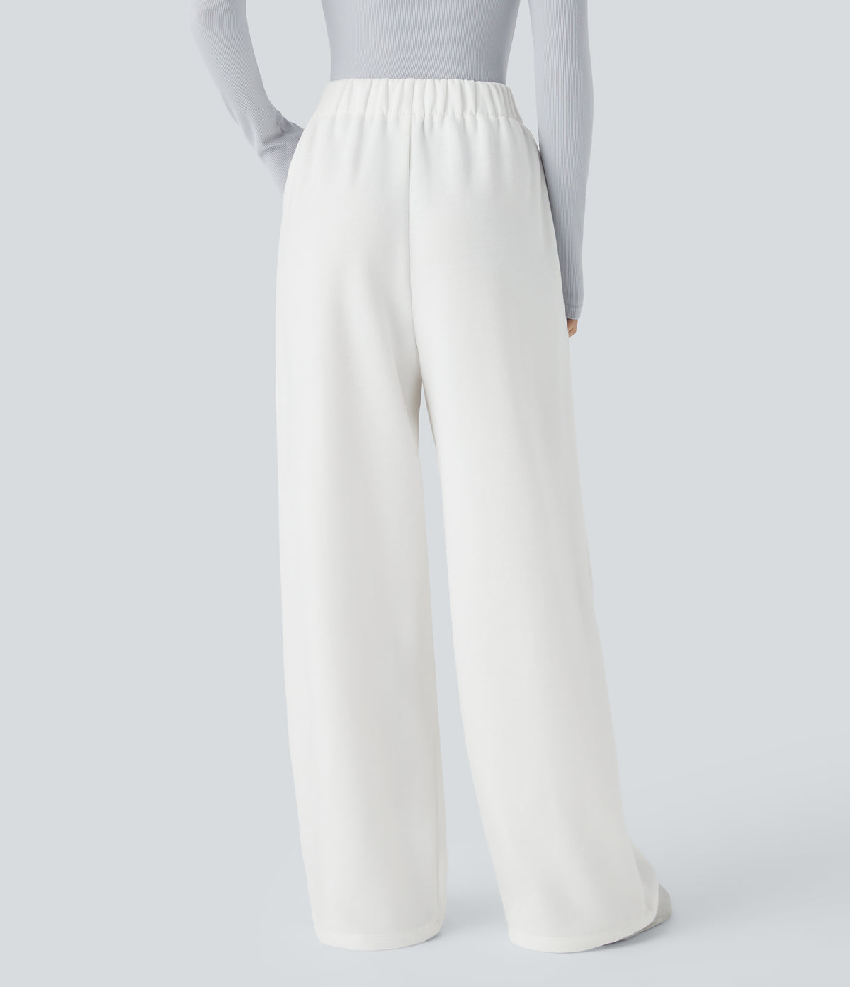 High Waisted Side Pocket Wide Leg Fleece Casual Trousers — White — view 2