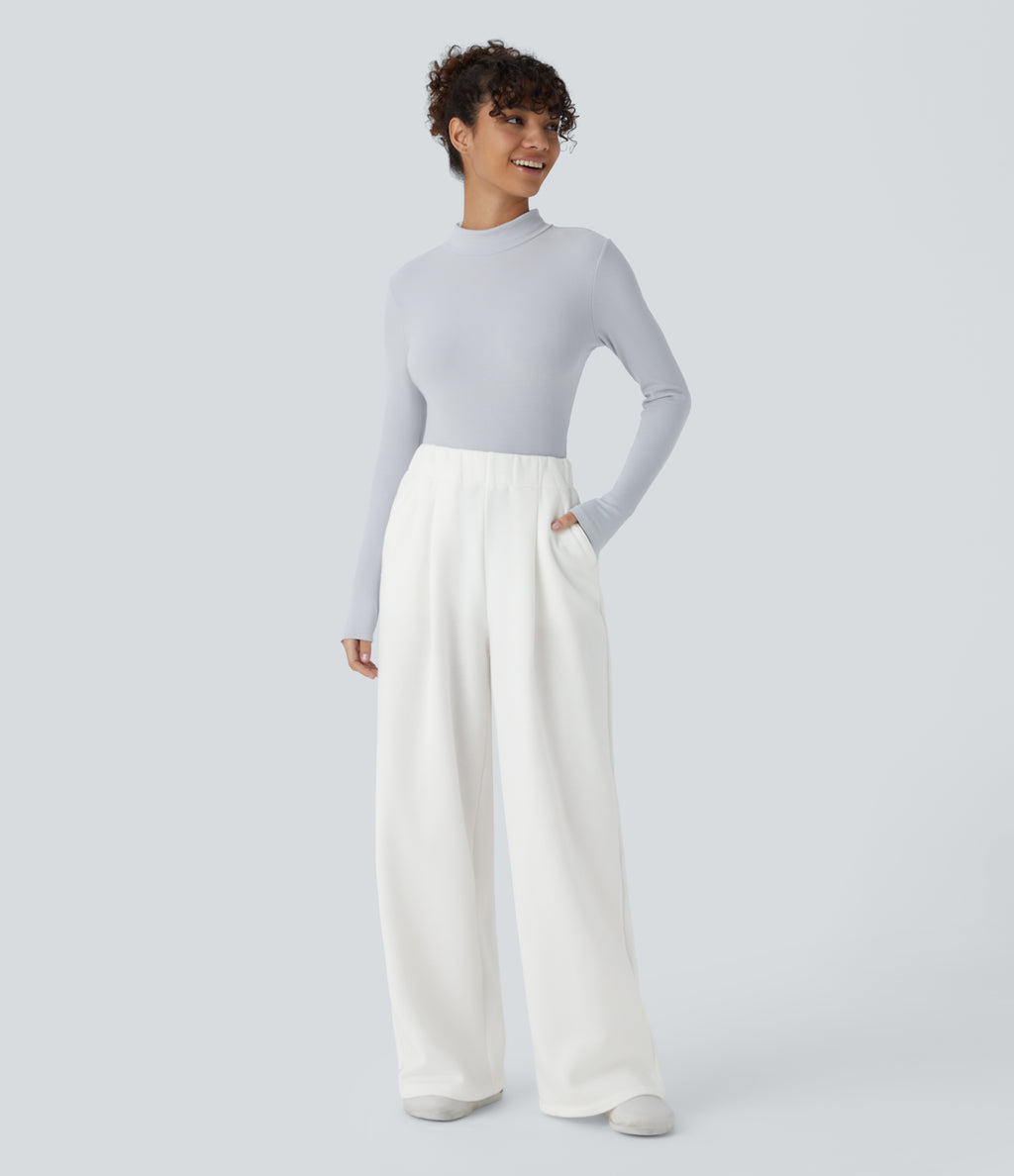 High Waisted Side Pocket Wide Leg Fleece Casual Trousers — White — view 6