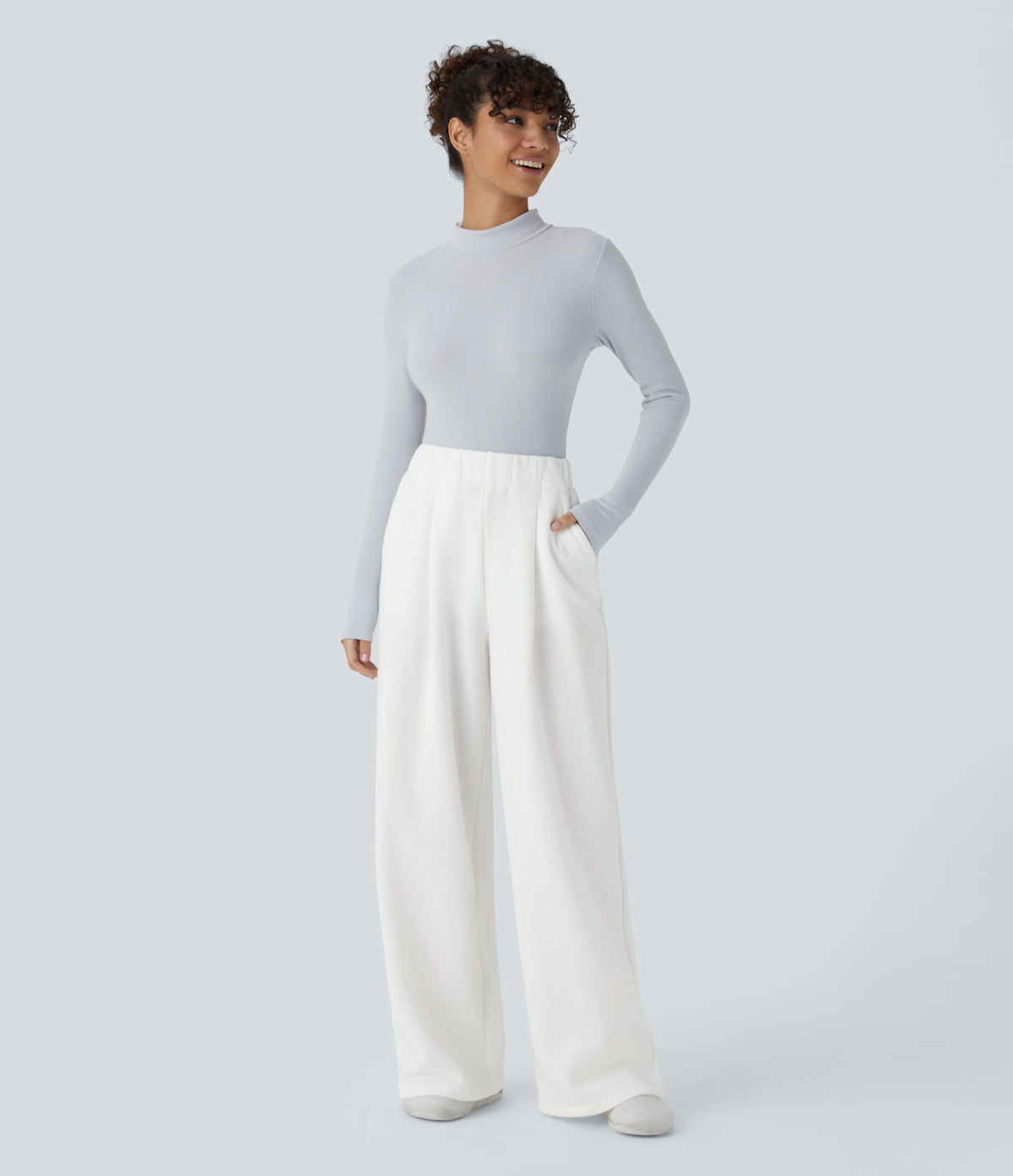 High Waisted Side Pocket Wide Leg Fleece Casual Trousers — White — view 6