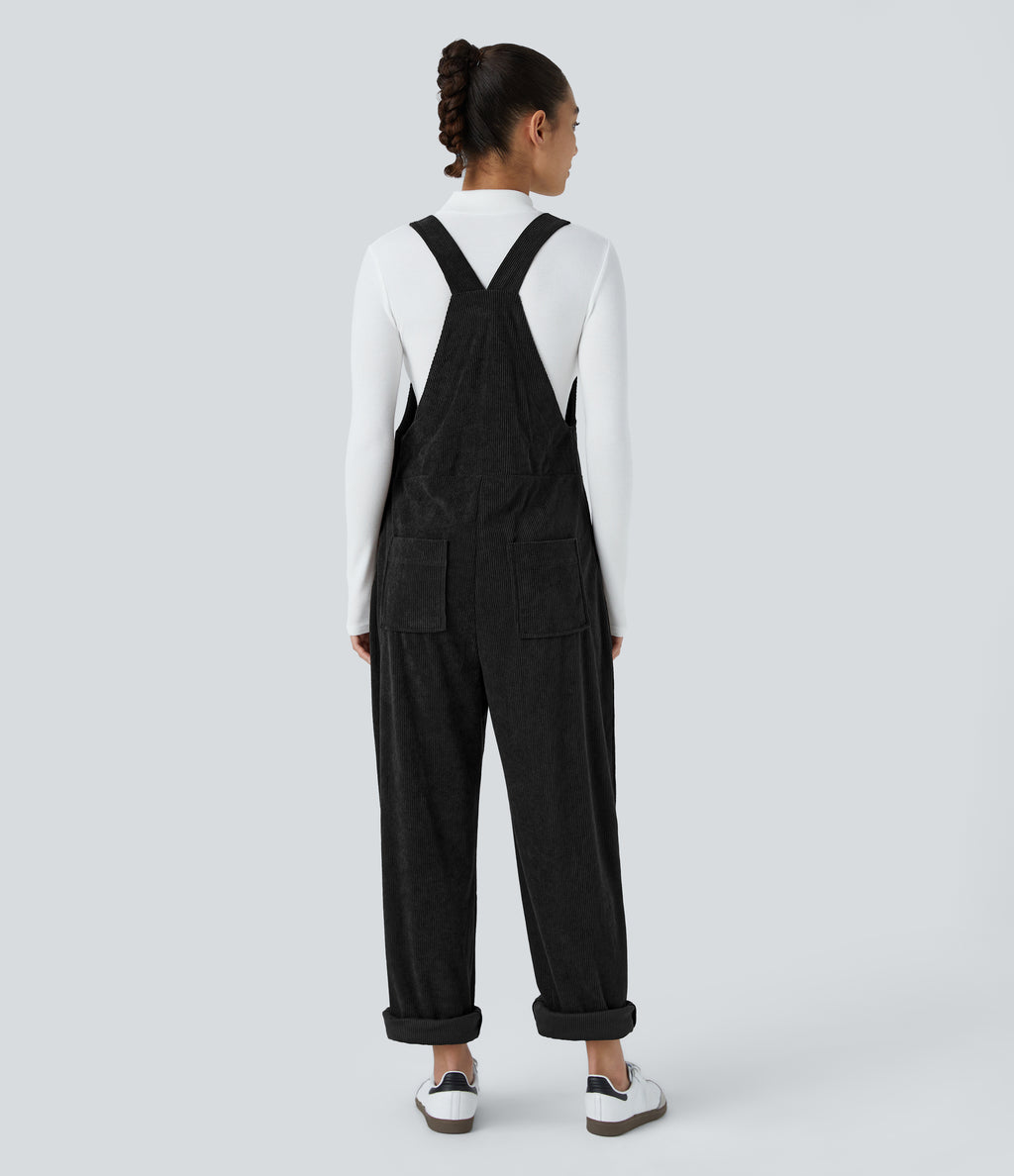 Pockets Straight Leg Corduroy Casual Dungarees — Black — view 2