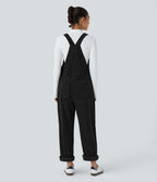Pockets Straight Leg Corduroy Casual Dungarees — Black — view 2