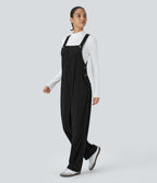 Pockets Straight Leg Corduroy Casual Dungarees — Black — view 3