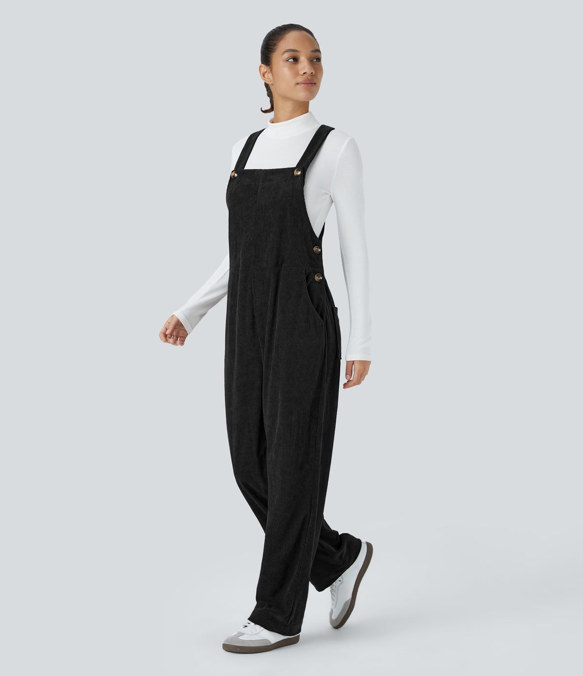 Pockets Straight Leg Corduroy Casual Dungarees — Black — view 3