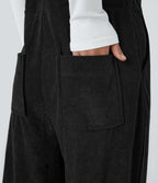 Pockets Straight Leg Corduroy Casual Dungarees — Black — view 6