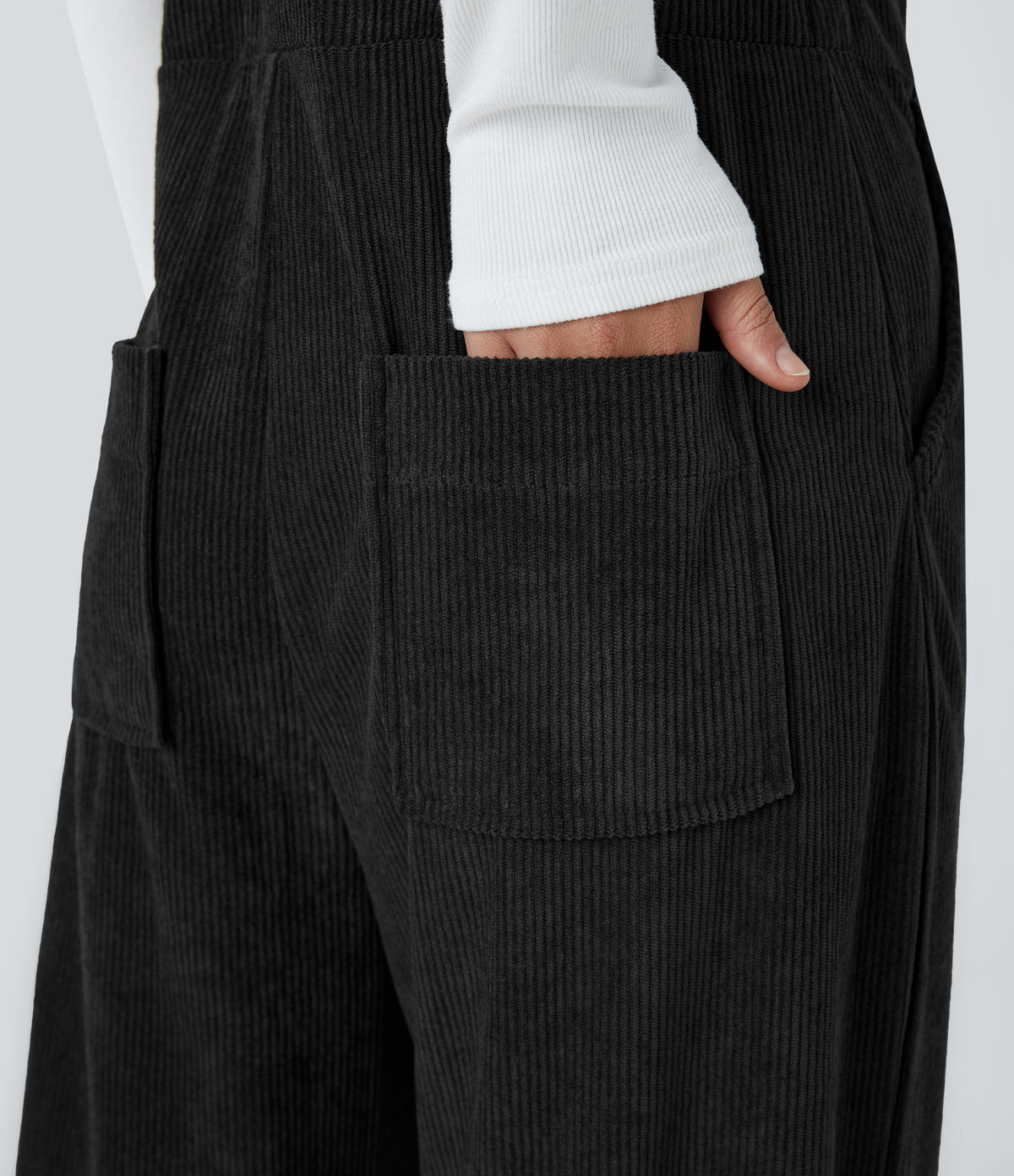 Pockets Straight Leg Corduroy Casual Dungarees — Black — view 6