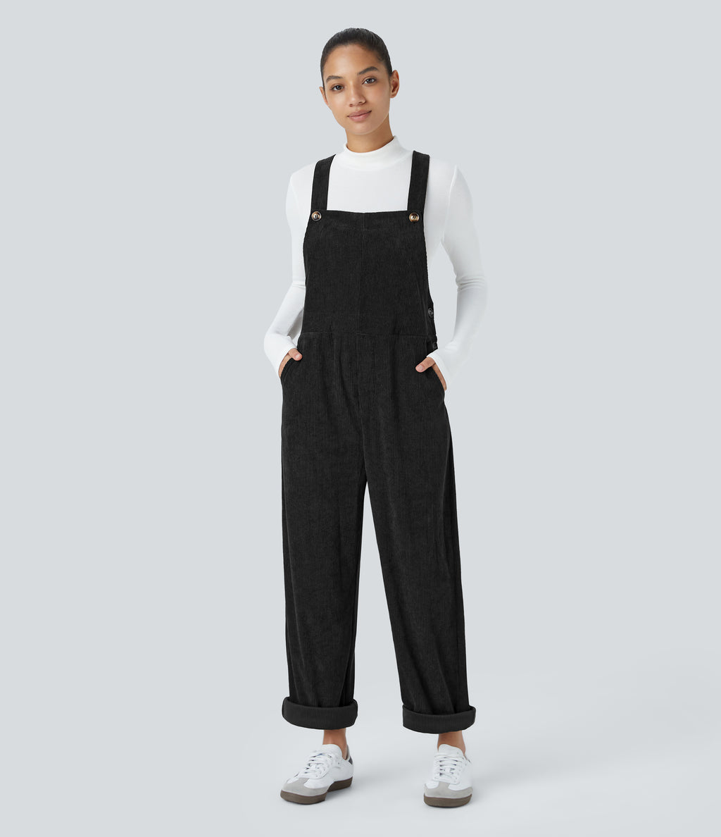 Pockets Straight Leg Corduroy Casual Dungarees — Black — view 1