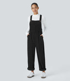 Pockets Straight Leg Corduroy Casual Dungarees — Black — view 1