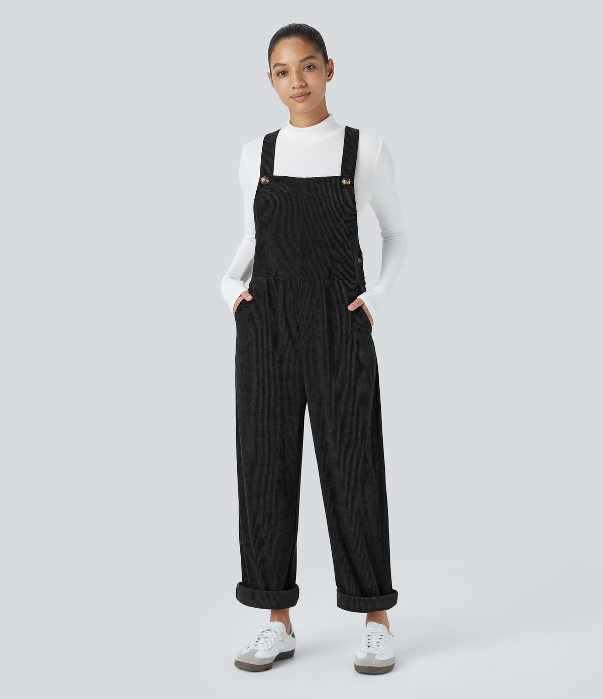 Pockets Straight Leg Corduroy Casual Dungarees — Black — view 1