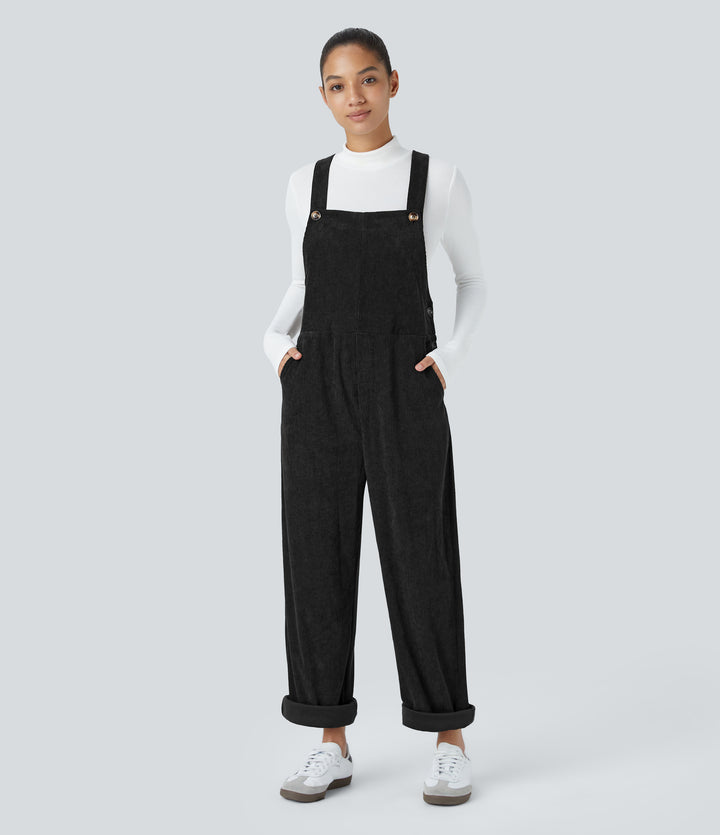 Pockets Straight Leg Corduroy Casual Dungarees — Black — view 1