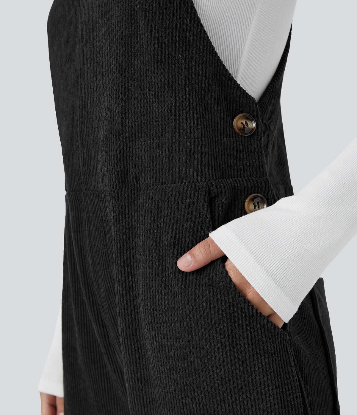 Pockets Straight Leg Corduroy Casual Dungarees — Black — view 5