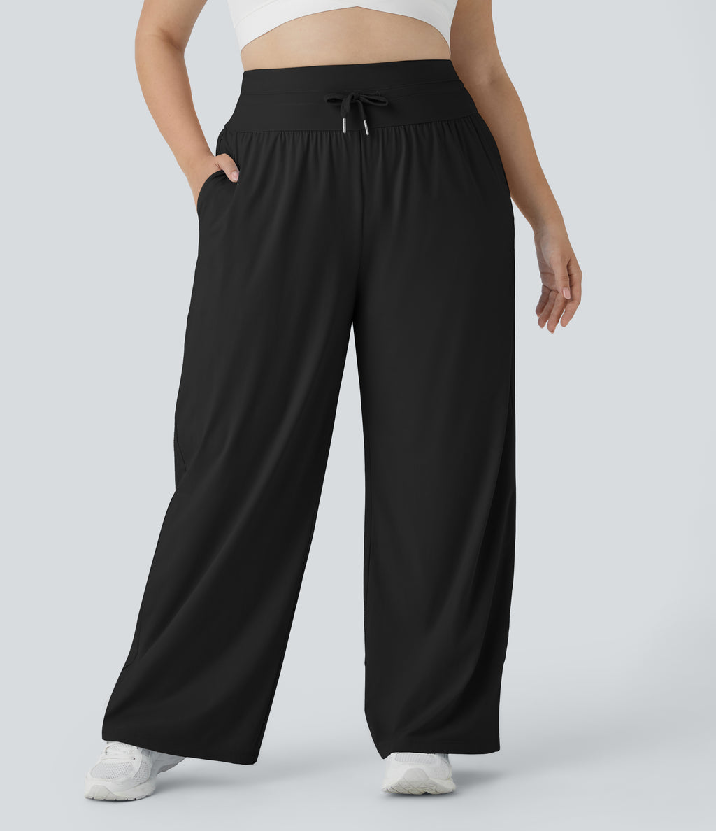 High Waisted Drawstring Side Pocket Wide Leg Casual Plus Size Trousers-UPF50+ — Black — view 1