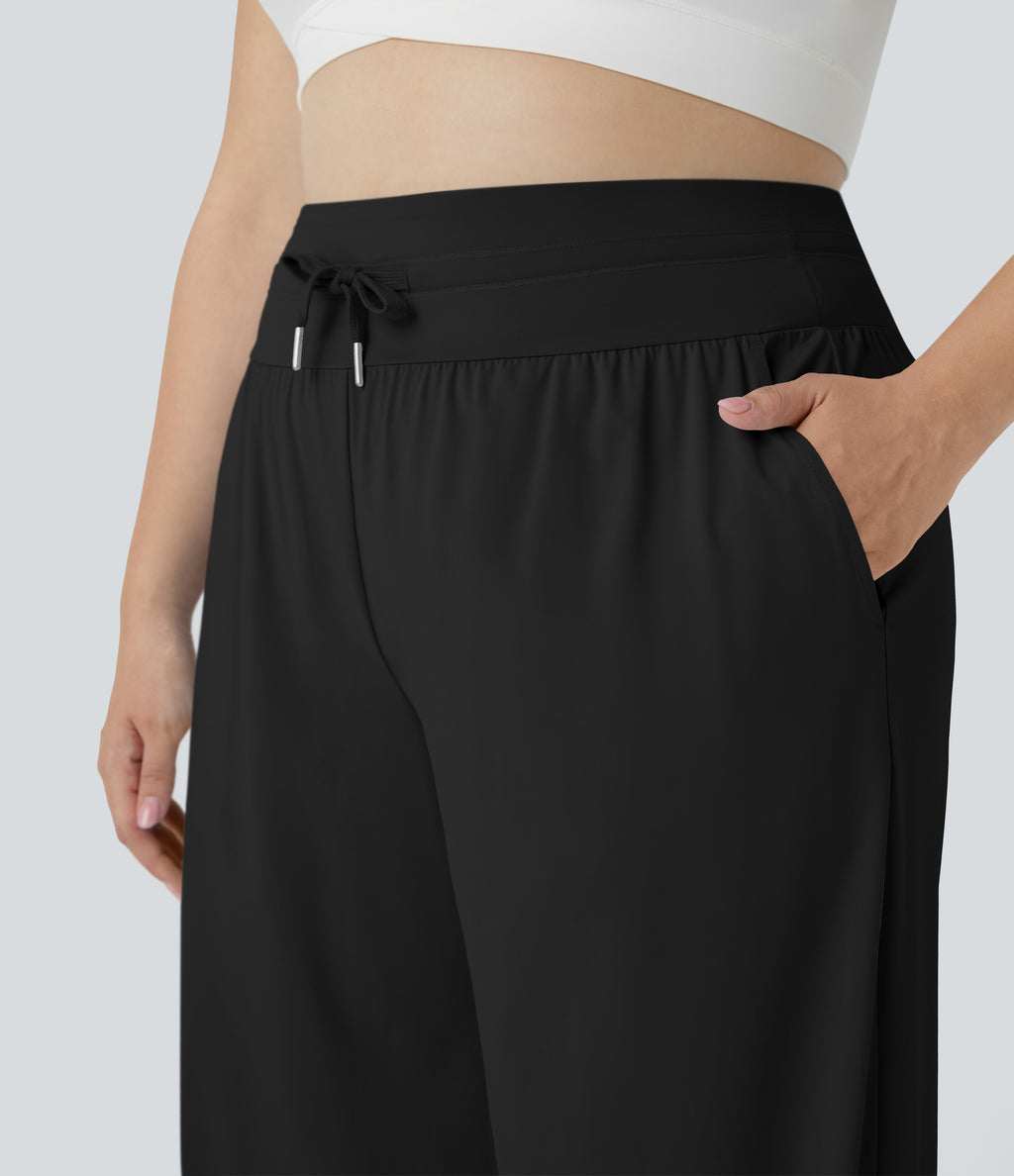 High Waisted Drawstring Side Pocket Wide Leg Casual Plus Size Trousers-UPF50+ — Black — view 4