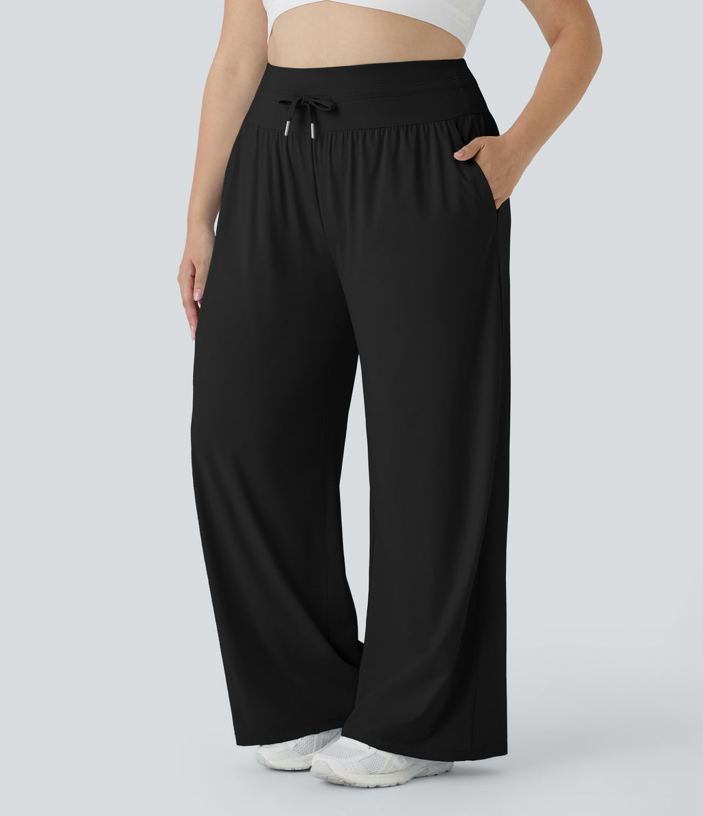 High Waisted Drawstring Side Pocket Wide Leg Casual Plus Size Trousers-UPF50+ — Black — view 2