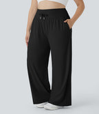 High Waisted Drawstring Side Pocket Wide Leg Casual Plus Size Trousers-UPF50+ — Black — view 2