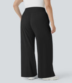 High Waisted Drawstring Side Pocket Wide Leg Casual Plus Size Trousers-UPF50+ — Black — view 3
