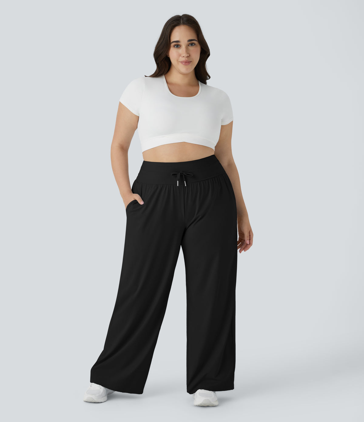 High Waisted Drawstring Side Pocket Wide Leg Casual Plus Size Trousers-UPF50+ — Black — view 5