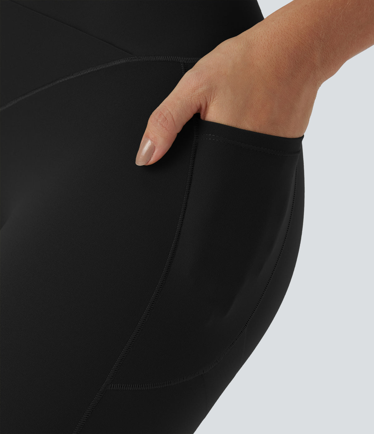 High Waisted Crossover Tummy Control Butt Lifting Side Pocket Yoga 7/8 Leggings — Black — view 5