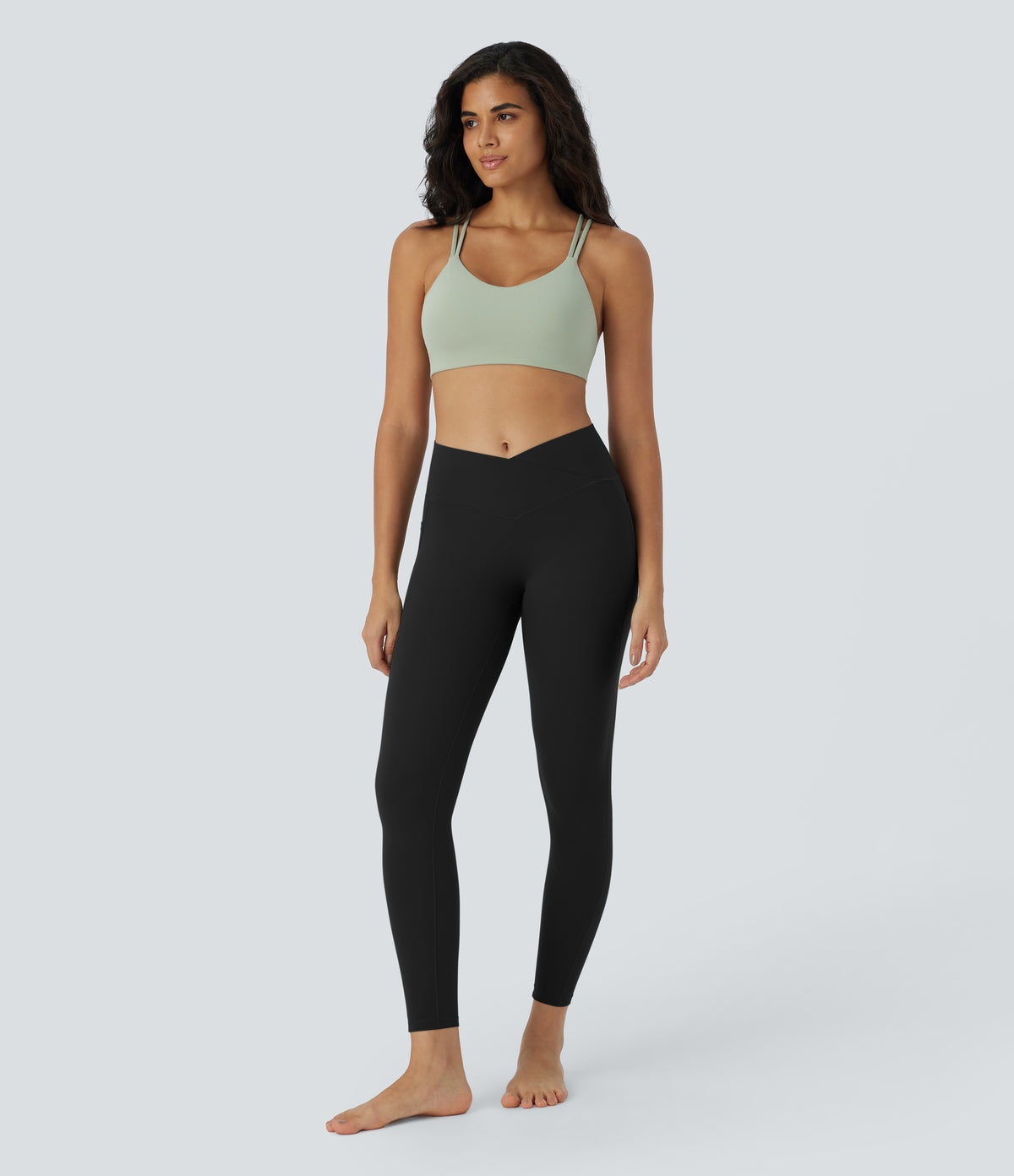 High Waisted Crossover Tummy Control Butt Lifting Side Pocket Yoga 7/8 Leggings — Black — view 6
