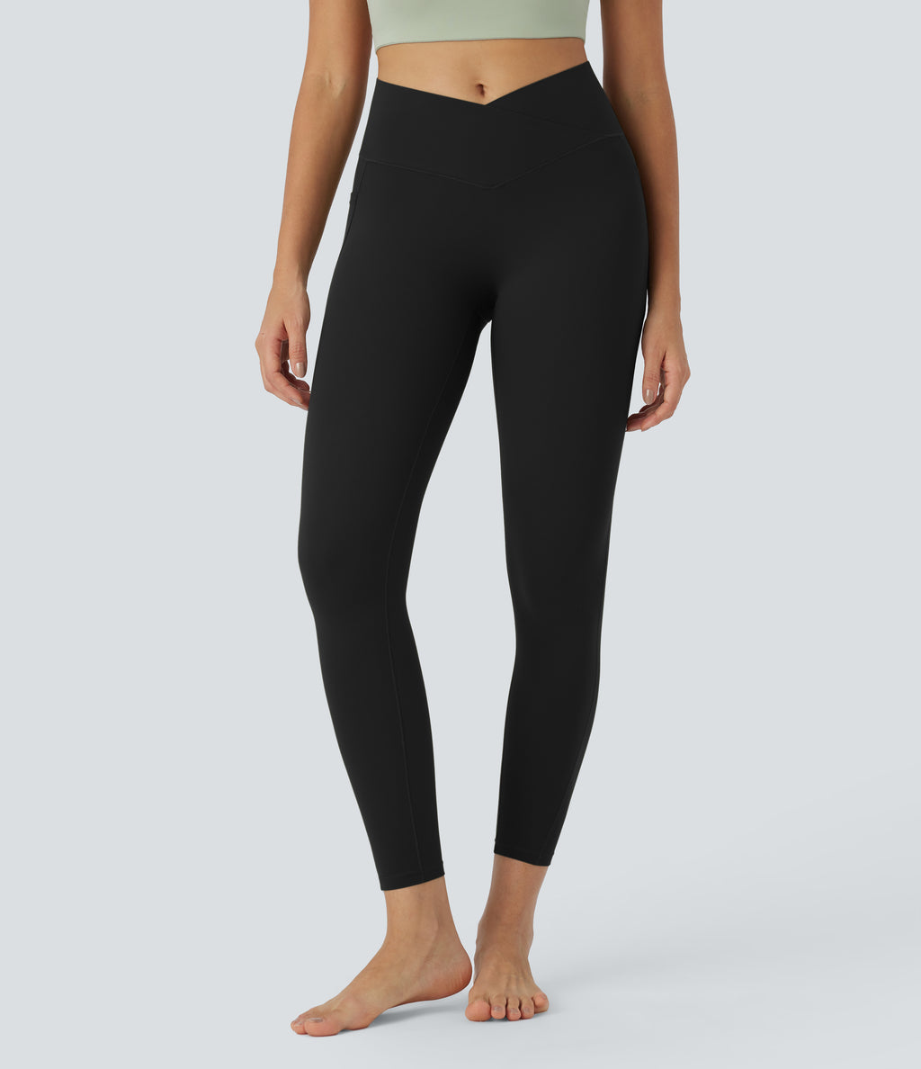 High Waisted Crossover Tummy Control Butt Lifting Side Pocket Yoga 7/8 Leggings — Black — view 1