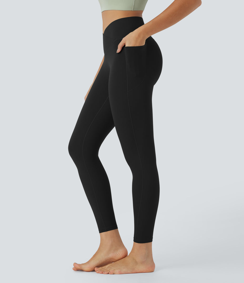 High Waisted Crossover Tummy Control Butt Lifting Side Pocket Yoga 7/8 Leggings — Black — view 3