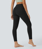 High Waisted Crossover Tummy Control Butt Lifting Side Pocket Yoga 7/8 Leggings — Black — view 2