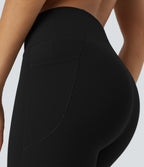 High Waisted Crossover Tummy Control Butt Lifting Side Pocket Yoga 7/8 Leggings — Black — view 4