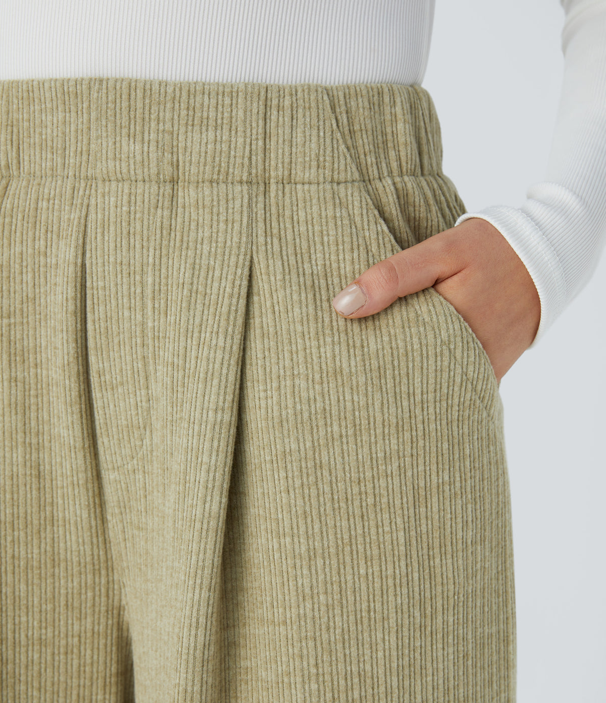Ribbed High Waisted Pocket Wide Leg Casual Trousers — Gray Green — view 4