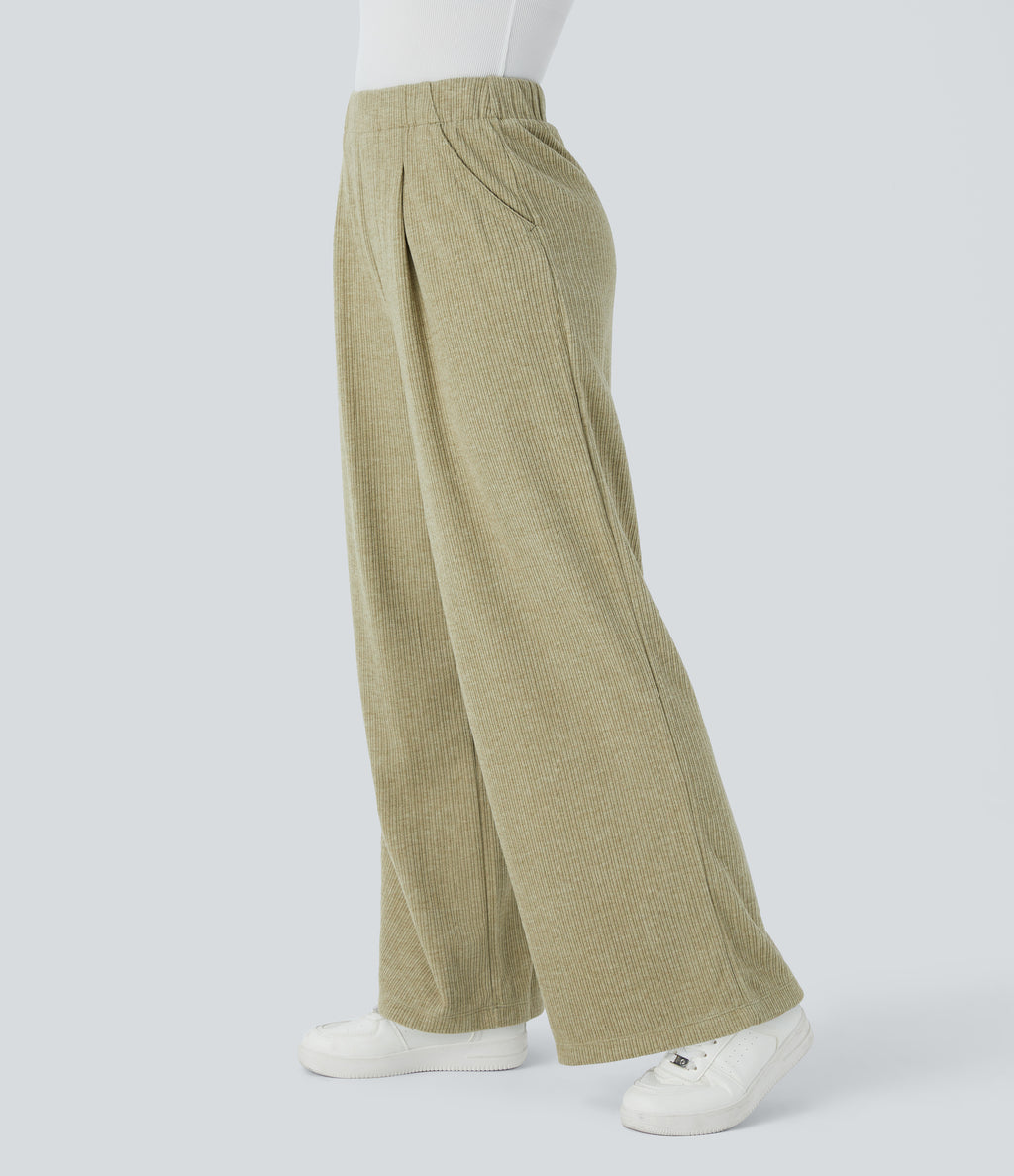 Ribbed High Waisted Pocket Wide Leg Casual Trousers — Gray Green — view 3