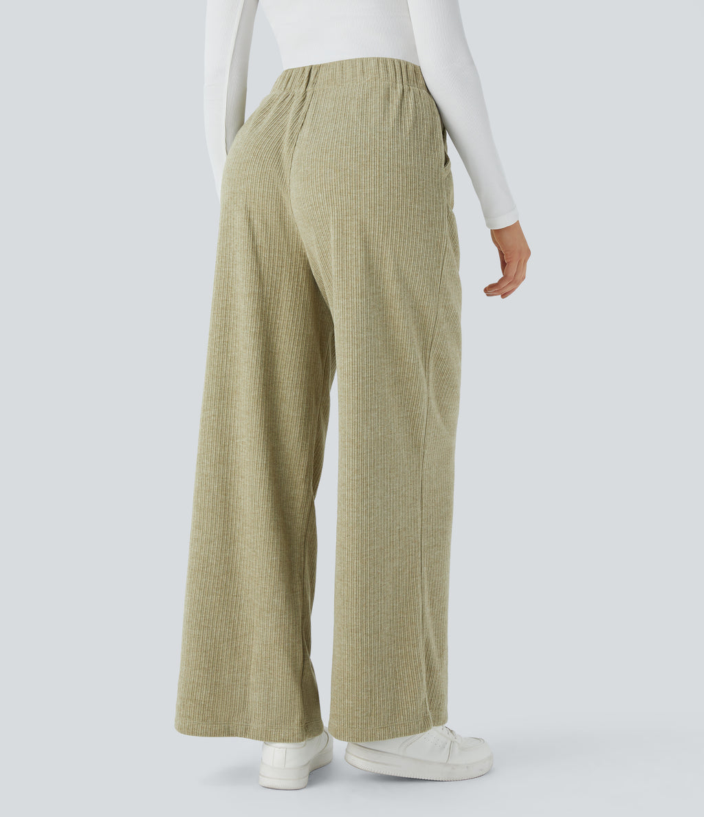 Ribbed High Waisted Pocket Wide Leg Casual Trousers — Gray Green — view 2