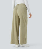 Ribbed High Waisted Pocket Wide Leg Casual Trousers — Gray Green — view 2