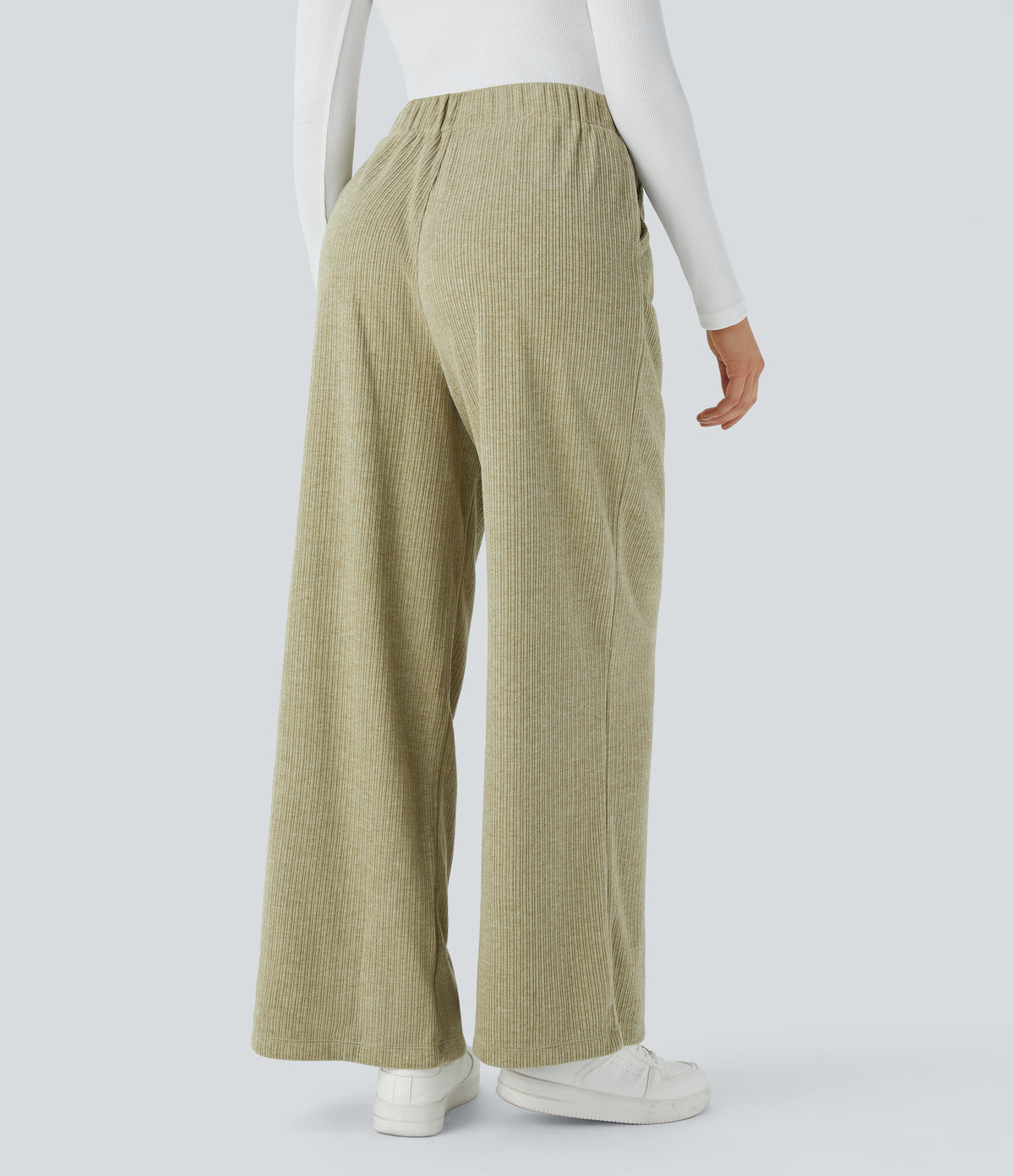 Ribbed High Waisted Pocket Wide Leg Casual Trousers — Gray Green — view 2