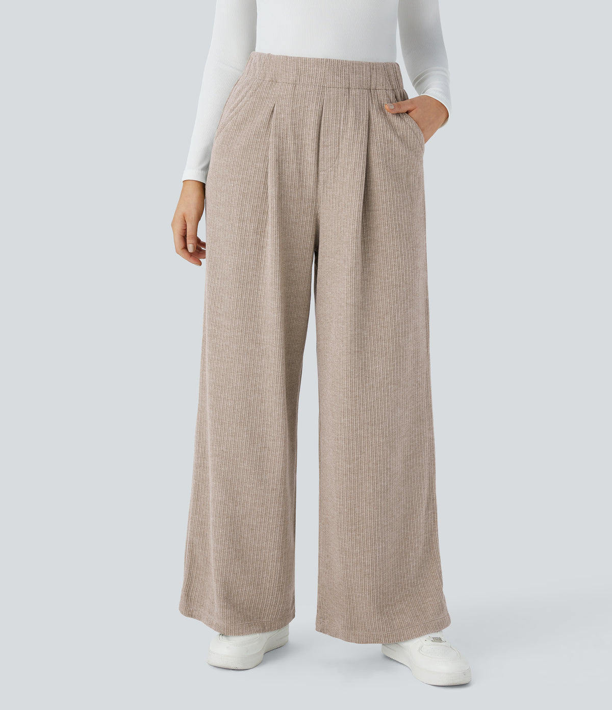 Ribbed High Waisted Pocket Wide Leg Casual Trousers — Mocha Meringue — view 6