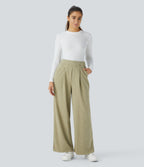 Ribbed High Waisted Pocket Wide Leg Casual Trousers — Gray Green — view 5