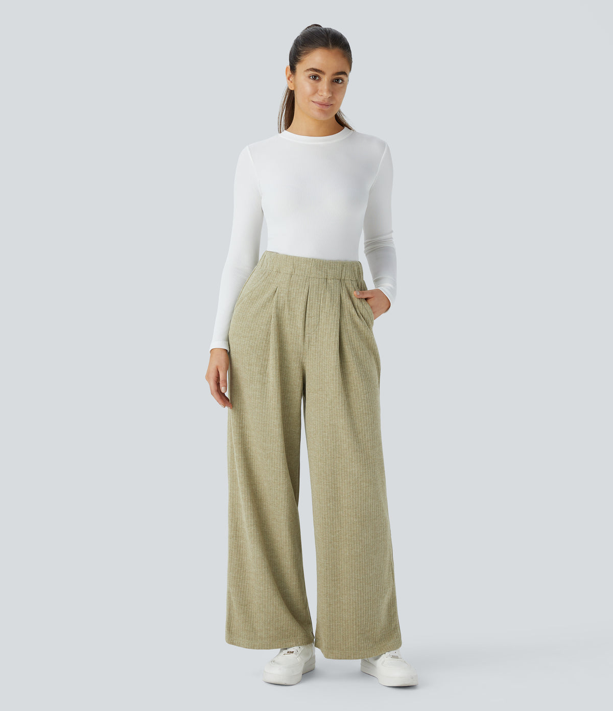 Ribbed High Waisted Pocket Wide Leg Casual Trousers — Gray Green — view 5