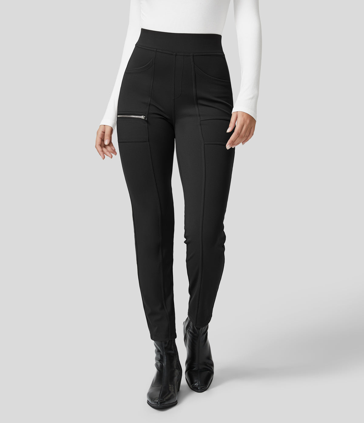 High Waisted Pockets Zipper Casual Slim Trousers — Black — view 4