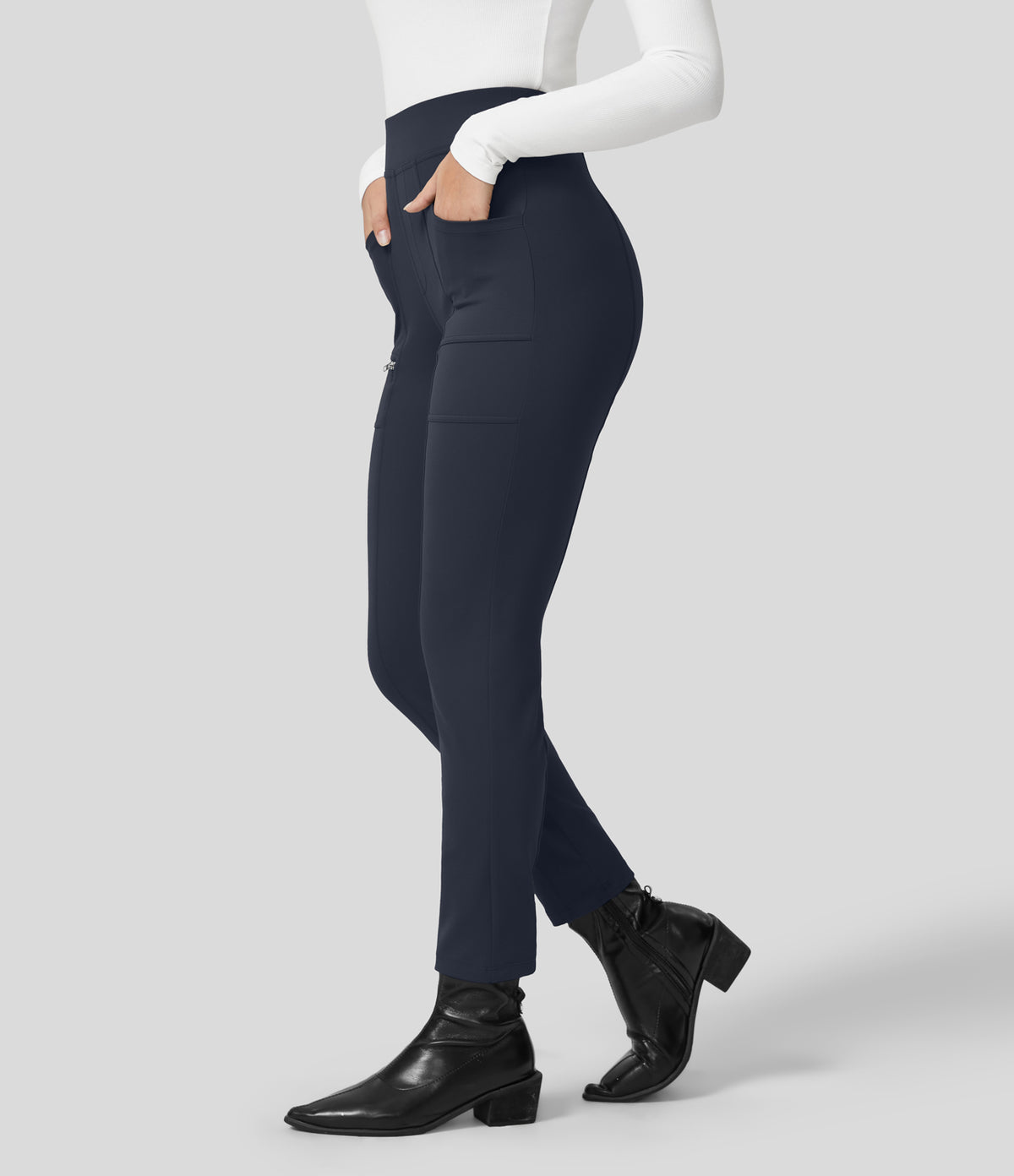 High Waisted Pockets Zipper Casual Slim Trousers — Midnight Blue — view 3