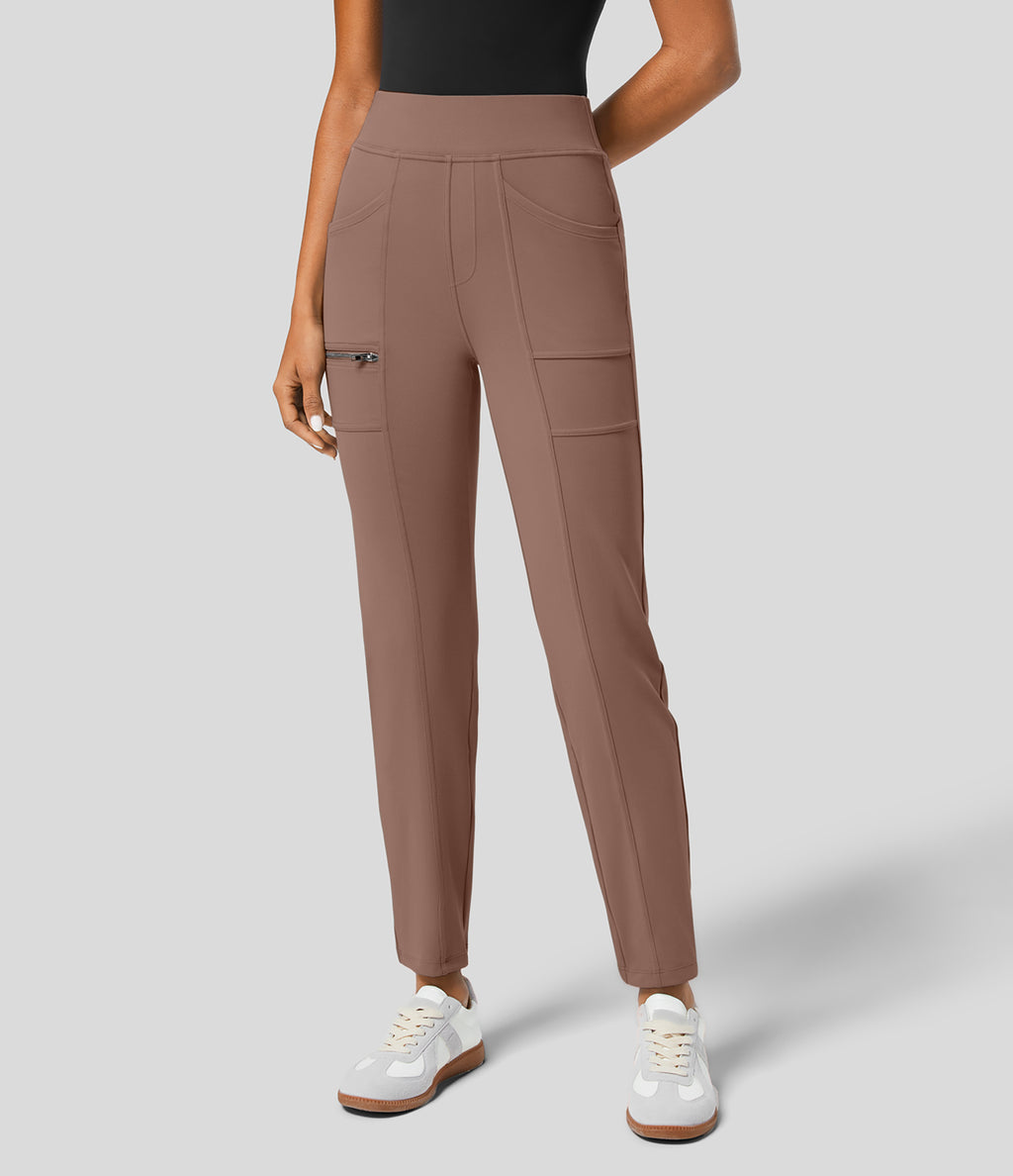 High Waisted Pockets Zipper Casual Slim Trousers — Beaver Fur — view 6