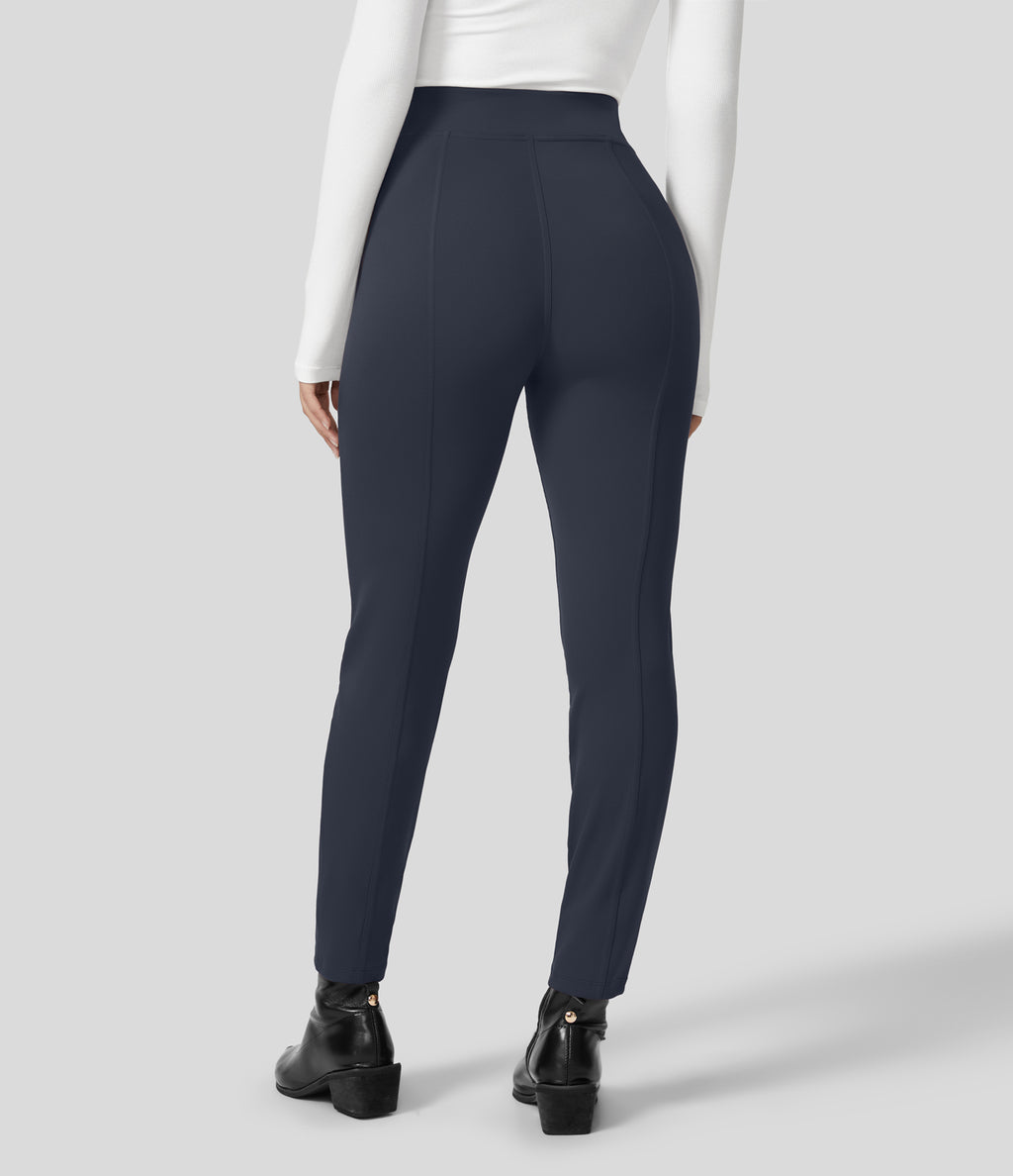 High Waisted Pockets Zipper Casual Slim Trousers — Midnight Blue — view 2