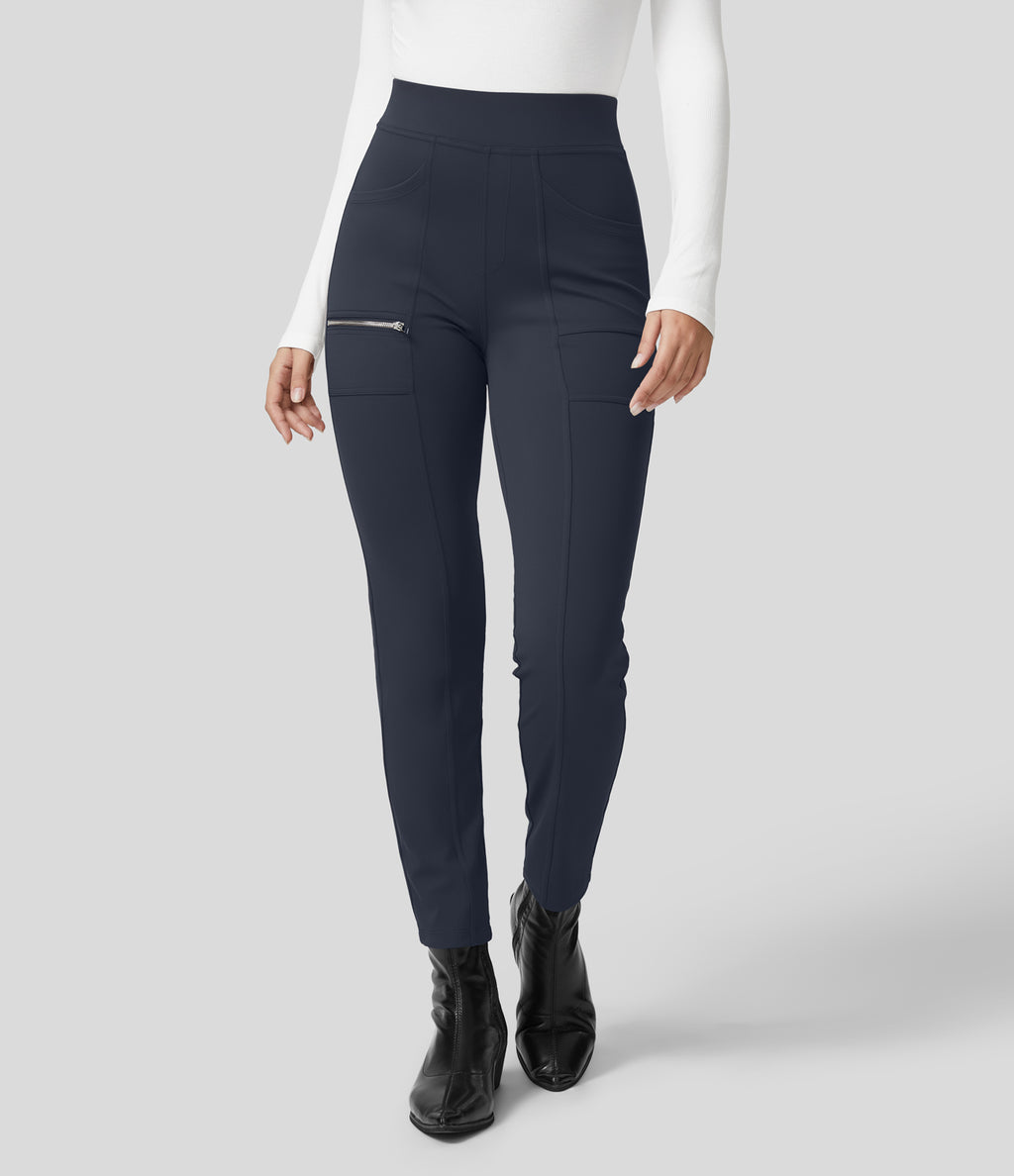 High Waisted Pockets Zipper Casual Slim Trousers — Midnight Blue — view 1